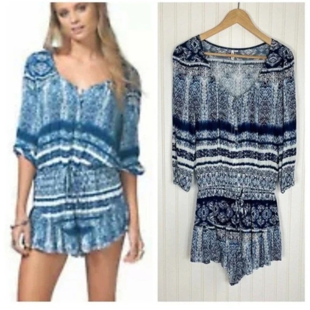 Rip Curl Blue and White Ruffled Tiered Jumpsuit